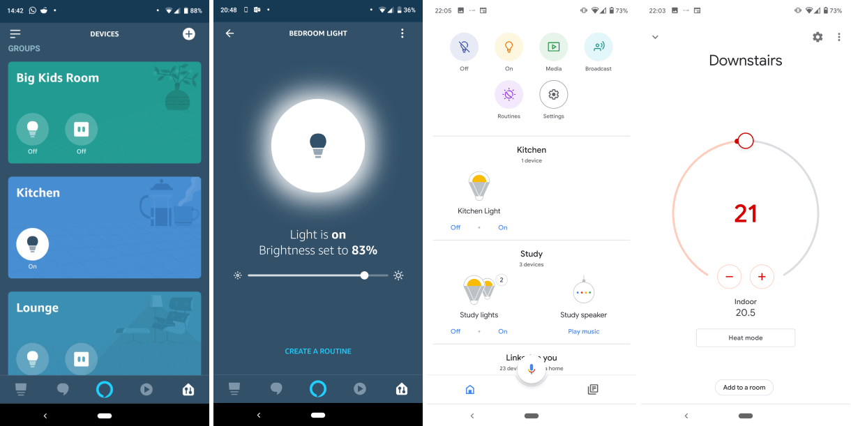 Composite screenshots from Alexa and Google Home Apps